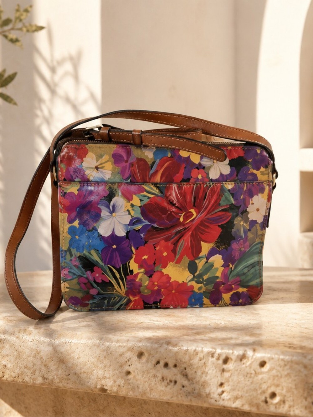 Patricia Nash Multicolor Floral Crossbody with Brown Strap
